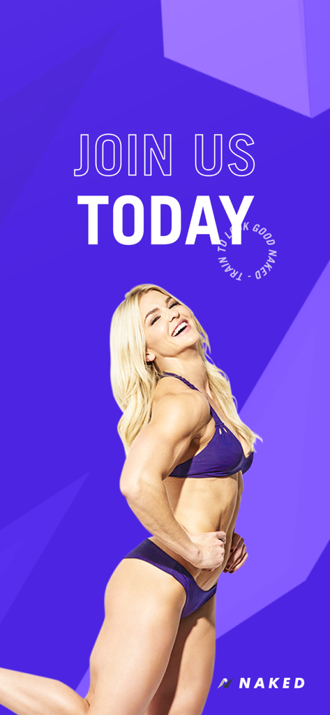 Naked Training - Una mujer en forma con ropa deportiva morada sonriendo contra un fondo morado con el texto Únete Hoy