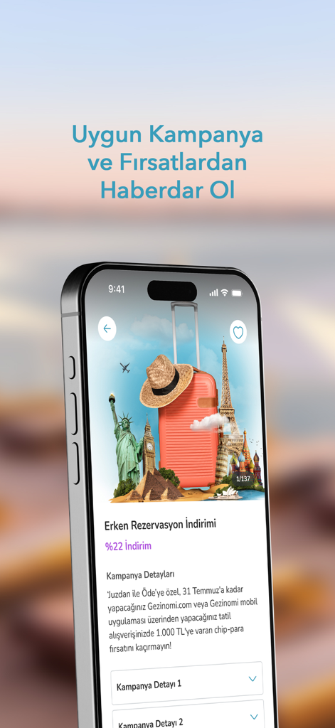Gezinomi - Pantalla móvil de la aplicación Gezinomi que muestra descuentos por reserva anticipada y campañas de viaje.