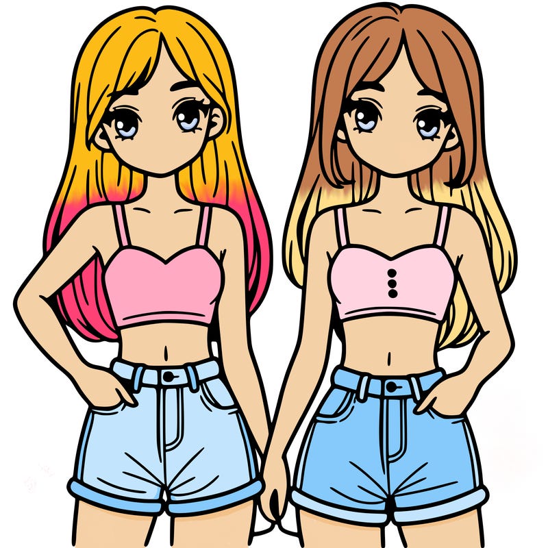 two sisters with crop tops and jean shorts and straight hair