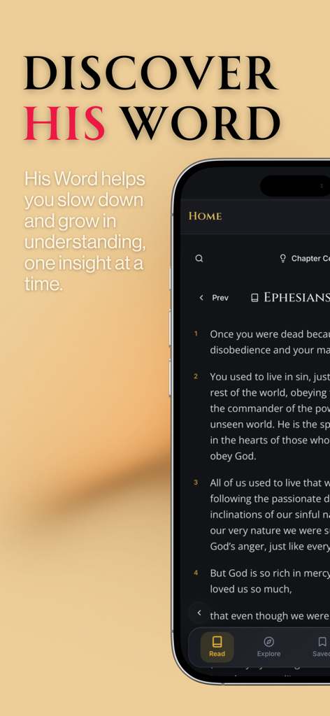 His Word: Bible Study - Pantalla de inicio de la aplicación His Word Bible Study que muestra una interfaz de lectura de las Escrituras minimalista y libre de distracciones con un pasaje de Efesios