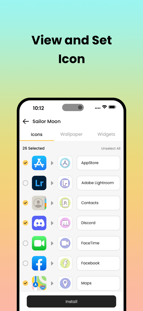 Theme Store - Theme Changer - Interface showing the selection of aesthetic custom icons for an iPhone home screen