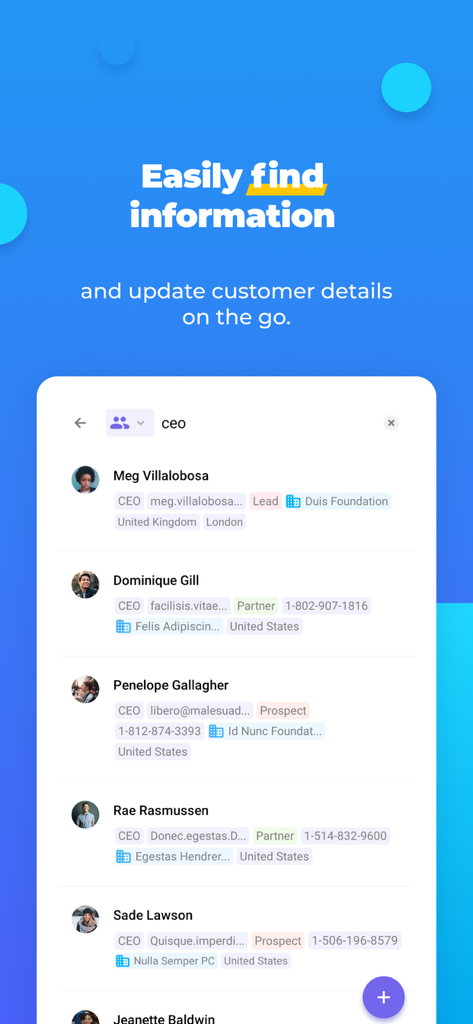 NetHunt CRMの検索可能な連絡先リストと、顧客詳細、リードステータスを表示するモバイルアプリ画面。