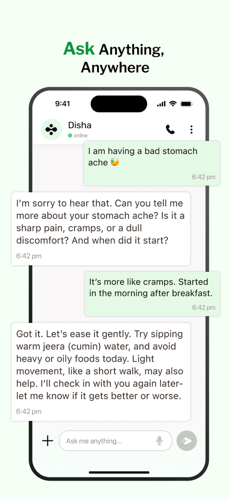 A smartphone screen showing a chat interface where the Disha AI health coach provides personalized wellness advice for a user experiencing a stomach ache.