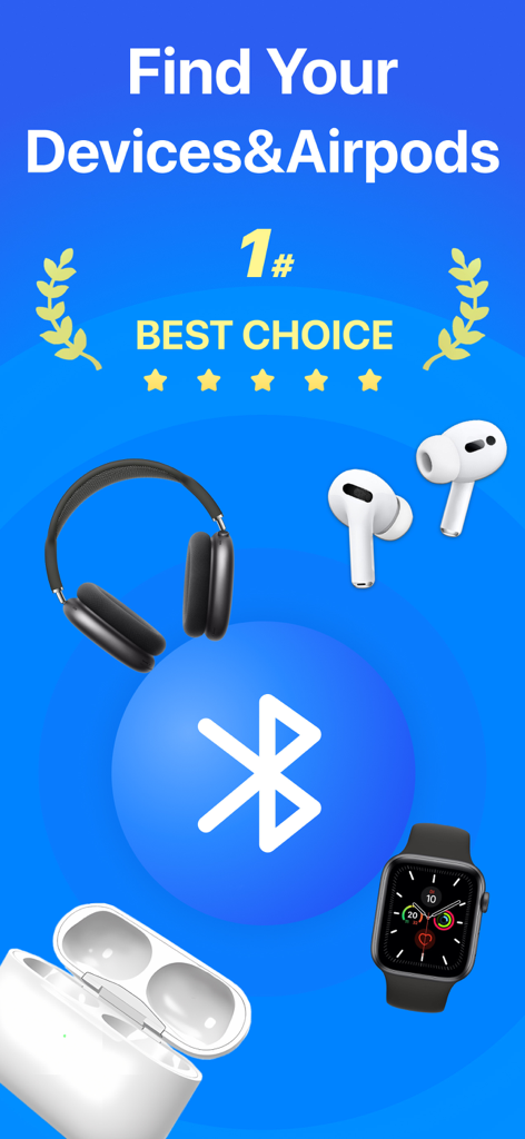Find Air app interface showing a Bluetooth symbol surrounded by lost devices including headphones AirPods and an Apple Watch