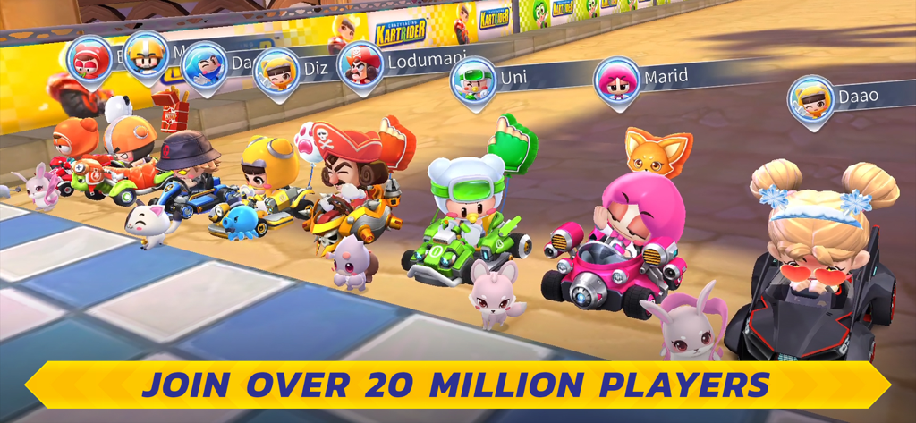 A diverse lineup of colorful characters and custom karts in KartRider Rush Plus