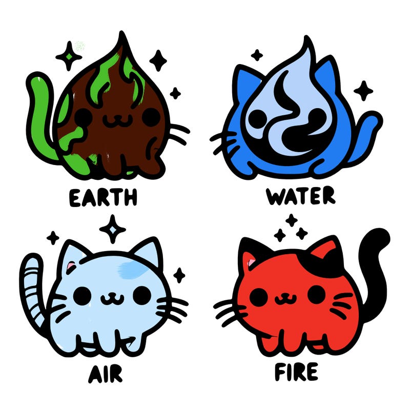 4 cats that represent the different elements, earth, water, air, and fire