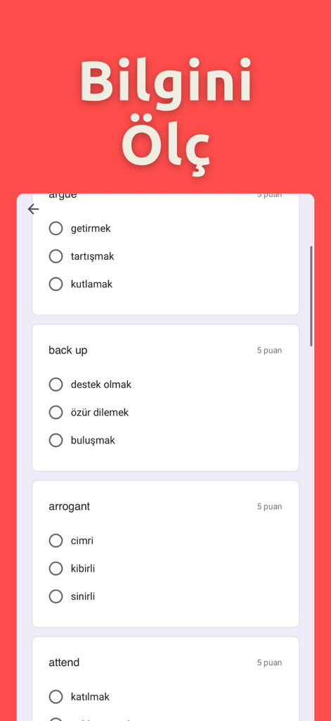Jasmin Academy - Jasmin Academy mobile app screen showing an English vocabulary test with Turkish multiple choice options