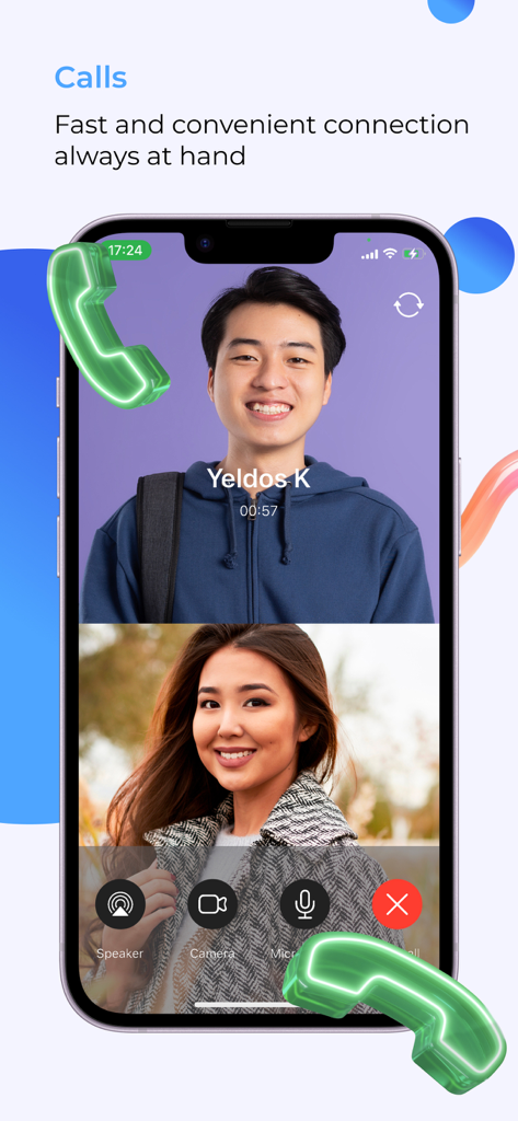 Aitu Superapp video call screen showing two people in a split view with call control icons