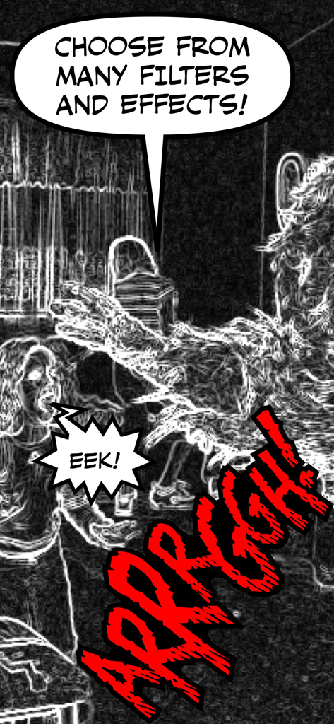 Comic Caption Meme Maker Lite - A photo with a comic sketch filter and speech bubbles saying EEK and ARRGH