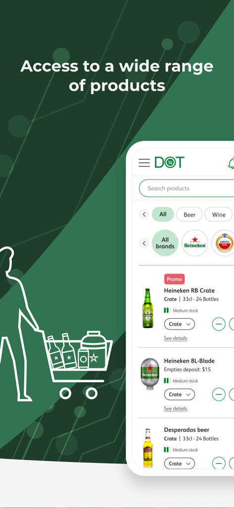 Interfaz de la aplicación Heineken B2B DOT mostrando una amplia gama de productos de cerveza, incluyendo cajas y barriles para compradores profesionales