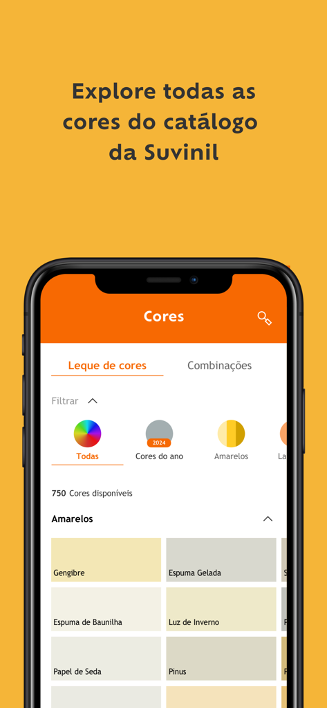 Écran de catalogue de couleurs de peinture numérique dans l'application Suvinil montrant divers échantillons de nuances de jaune