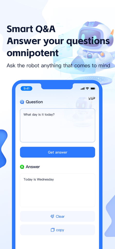 ChatGro - AI Assistant - Interface of the ChatGro AI Assistant app featuring a smart Q&A dialogue screen with a robot character illustration.