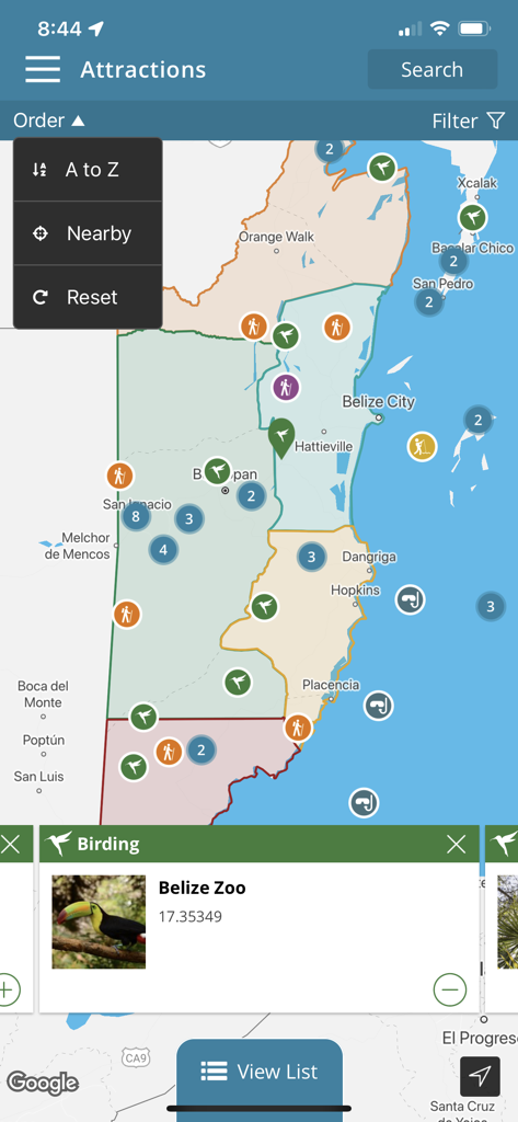 Travel Belize - 벨리즈 여행 모바일 앱의 벨리즈 명소 및 조류 관찰 활동에 대한 대화형 지도