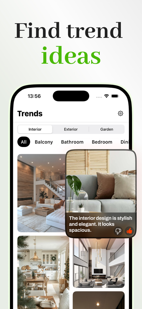 Home AI Interior Design - Homi - A mobile screen from the Home AI Interior Design app displaying a gallery of trendy interior and exterior design ideas with categories for balcony, bathroom, and bedroom.