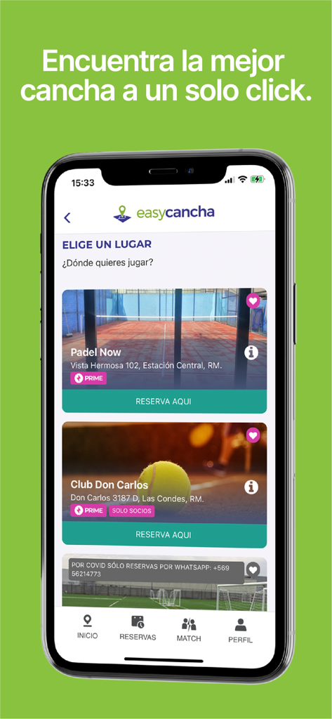 easycancha - Interface do aplicativo móvel do easycancha mostrando uma lista de clubes esportivos para reservas de quadras de padel e tênis.
