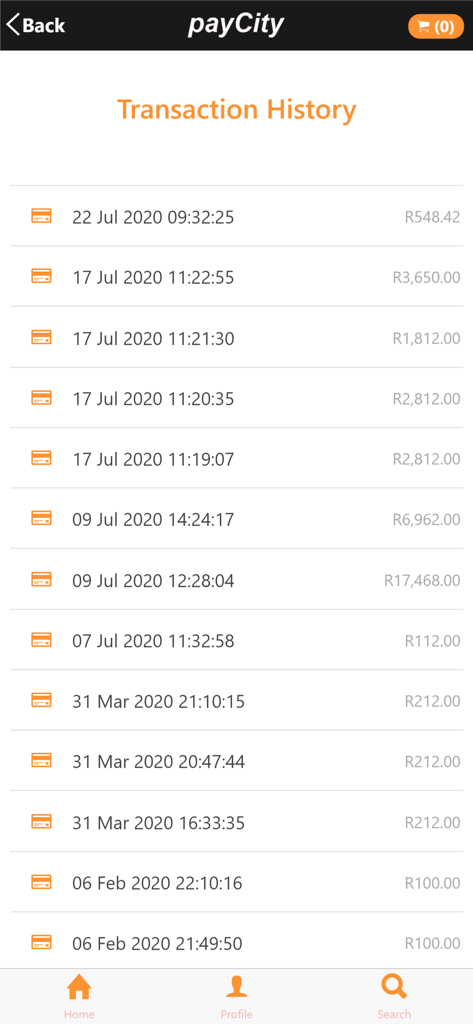 payCity - Liste der Transaktionshistorie mit vergangenen kommunalen und Versorgungszahlungen in der payCity App