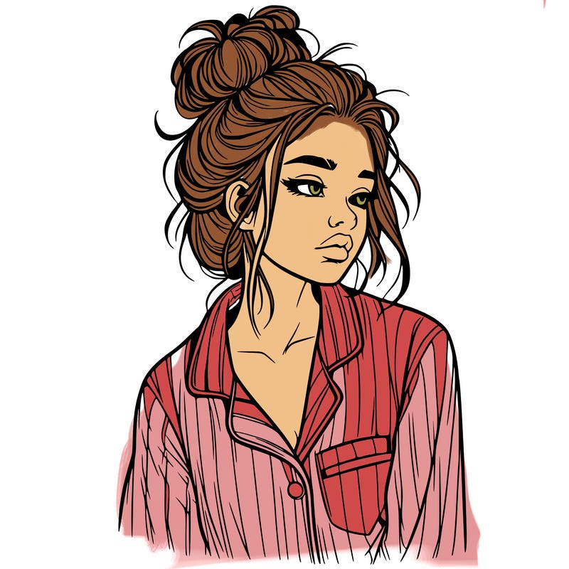 realistic woman with pajamas on and a messy bun
