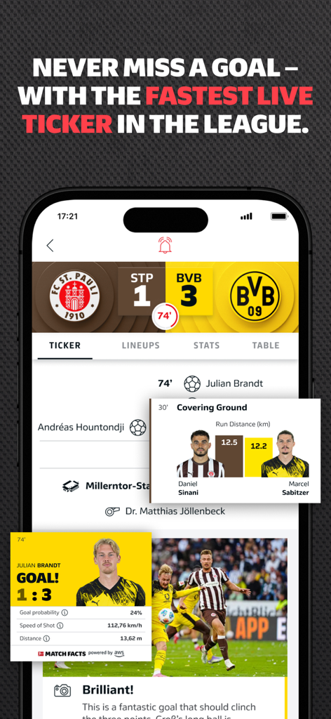 Official Bundesliga app showing live match ticker with goal alerts and player performance stats