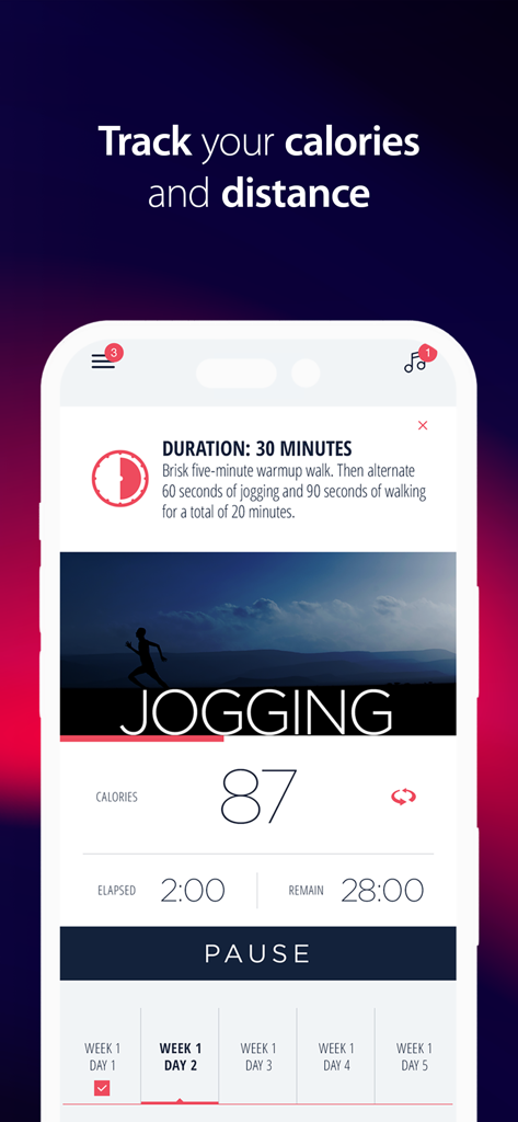 A mobile phone screen showing the Half Marathon 13.1 Trainer app interface tracking calories and distance during a jogging session.