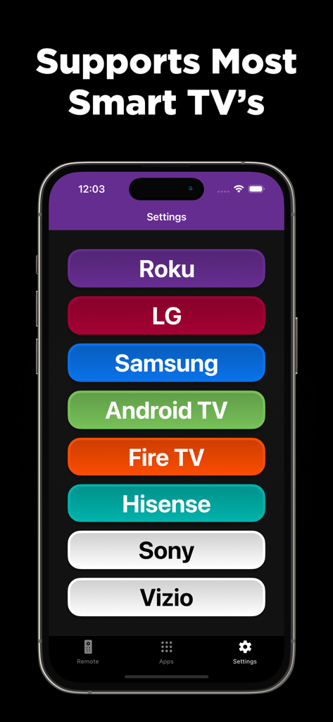 Interfaz de aplicación móvil mostrando compatibilidad con las principales marcas de Smart TV como Roku LG y Samsung