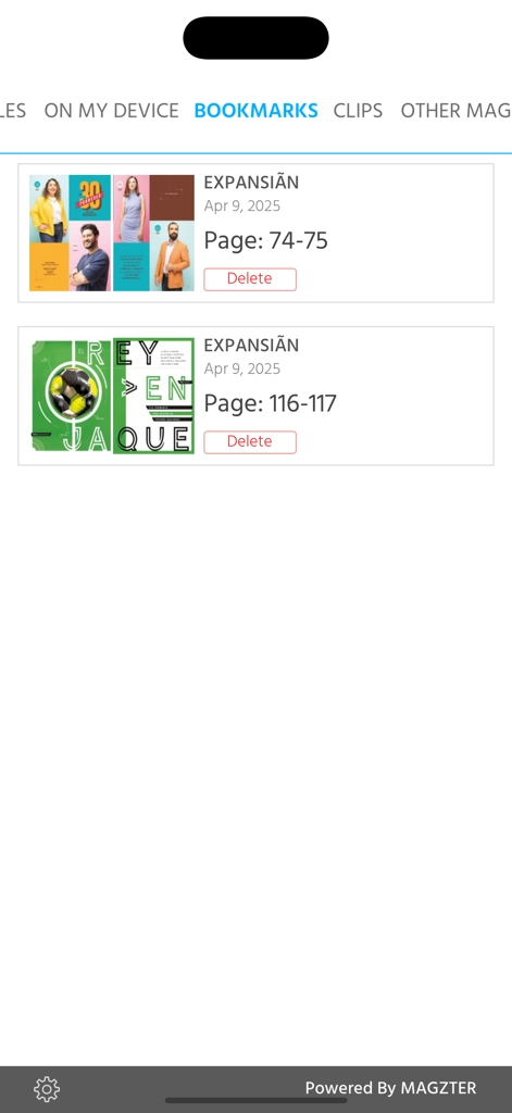 Bookmarks screen of the Revista Expansion app showing saved magazine pages