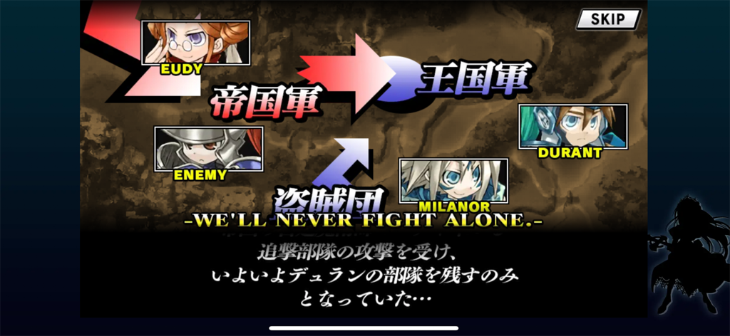 Yggdra Union tactical battle screen showing character portraits of Eudy, Milanor, and Durant with faction arrows and strategy text