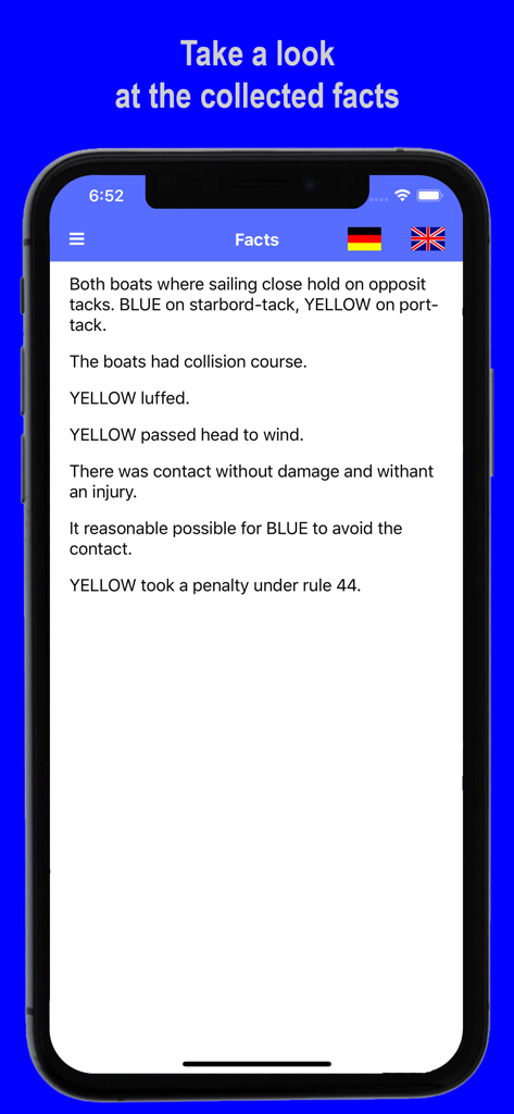 A mobile screen from the Protest app listing facts found during a sailing race incident