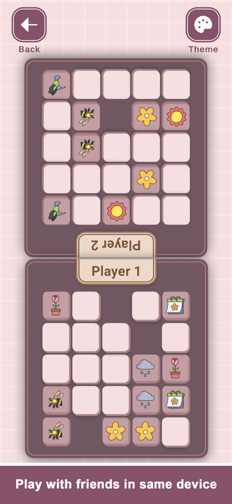 A split screen interface of a tile matching game for two players on a single device