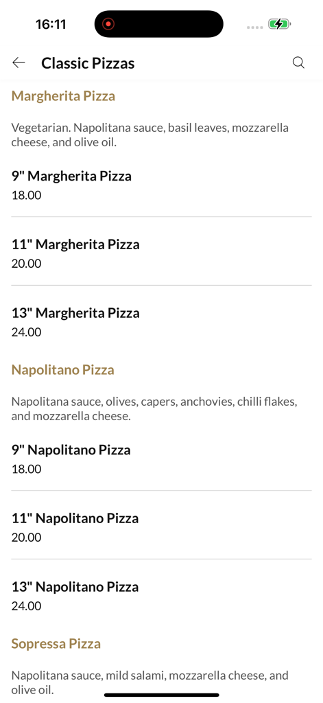La Casetta Pizza And Pasta Bar - La Casetta app menu showing classic pizza options and prices