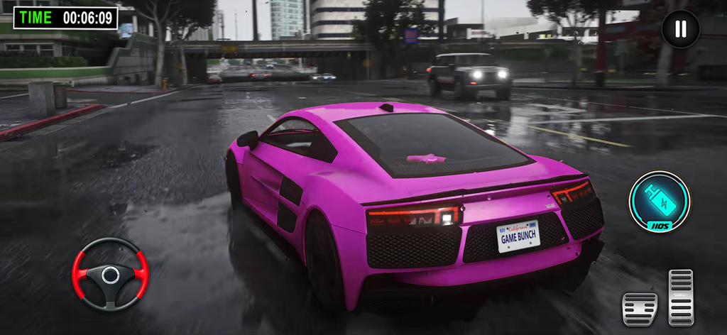 Car Games Simulator Car Racing - Un coche deportivo rosa compitiendo por una calle mojada de la ciudad en la aplicación móvil Car Games Simulator
