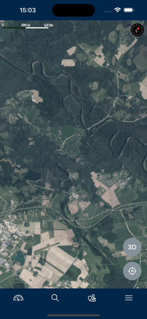 BalticMaps - Satellite view of a winding river and rural landscape in the BalticMaps app