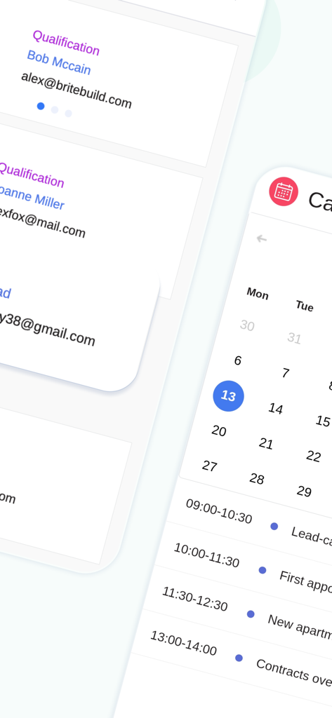 Fireberry - Interface do aplicativo Fireberry exibindo cartões de lead de clientes e um calendário de agenda diária de negócios