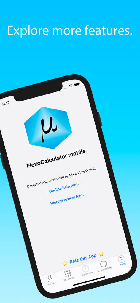 The home screen of the FlexoCalculator mobile app displaying various calculation features like microns minimum and distortion for flexo printing.