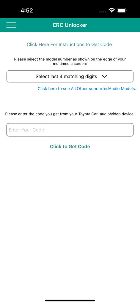 The main screen of the ERC Unlocker app for calculating car radio unlock codes