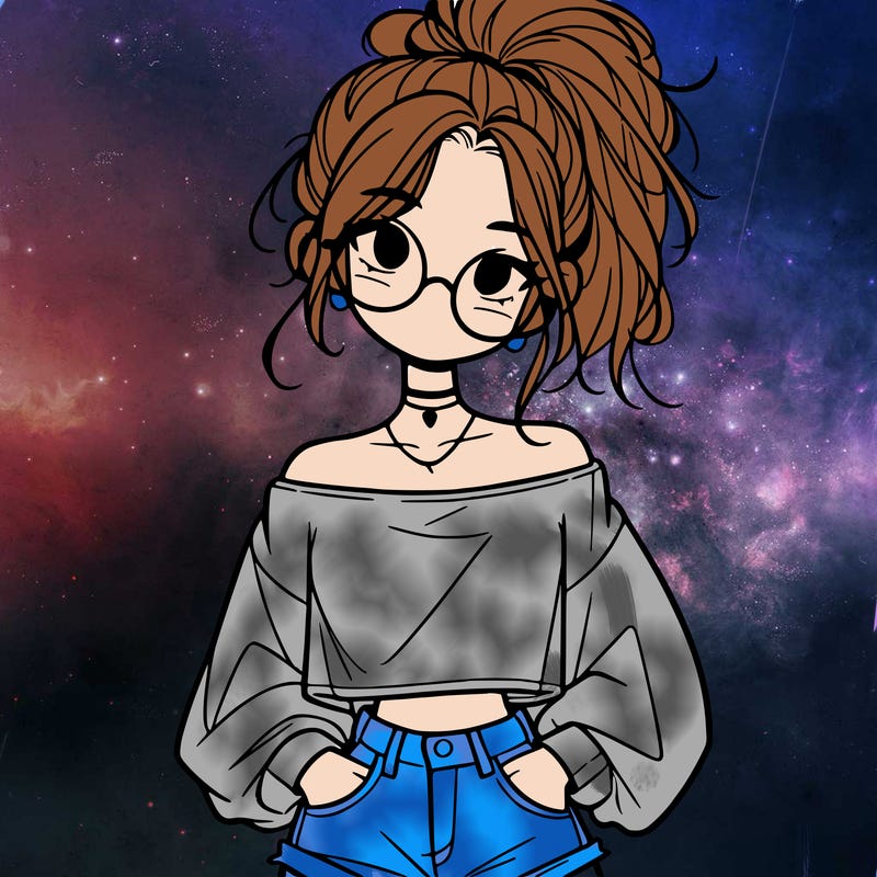 girl with a messy ponytail glasses a baggy crop top and jean shorts