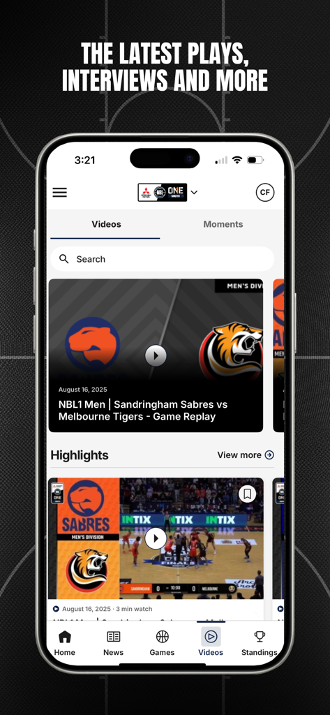 NBL1 - NBL1 app interface showing basketball video highlights and game replays