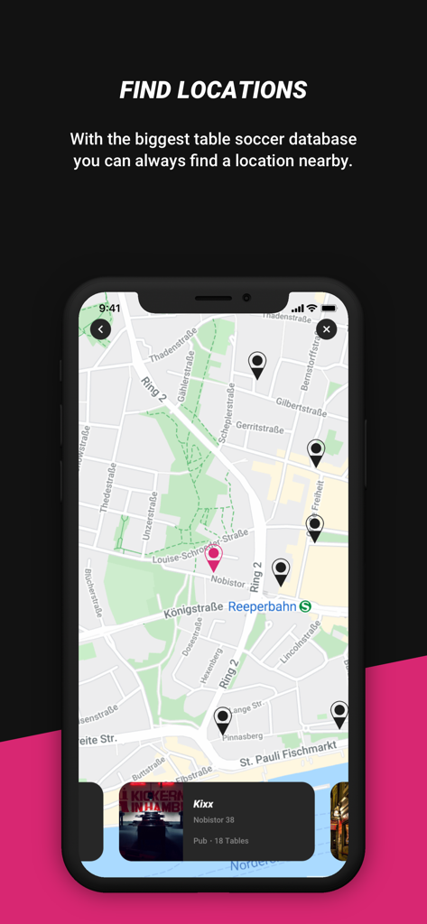 Let's Foos - Mobile app screen showing a map with foosball table locations and a preview of a local pub named Kixx