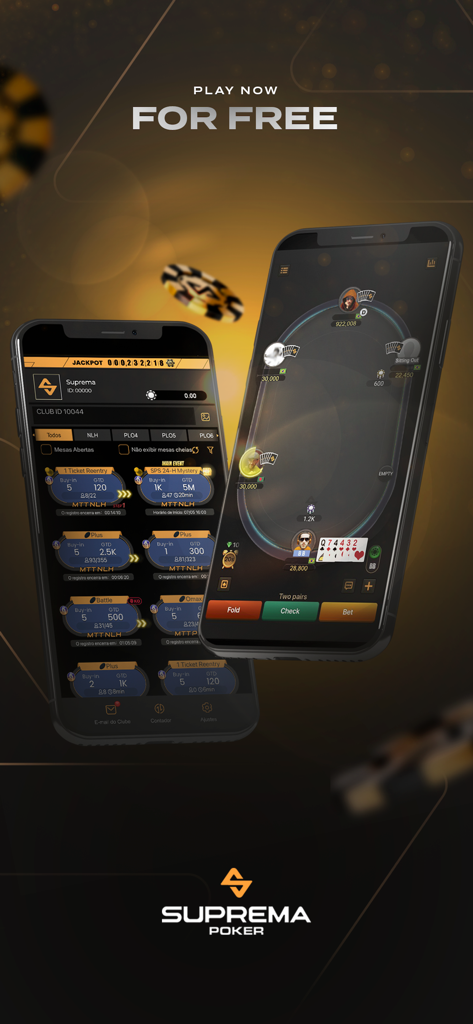 2台のスマートフォンでトーナメントロビーとアクティブなポーカーテーブルを表示するSuprema Pokerモバイルアプリのインターフェース