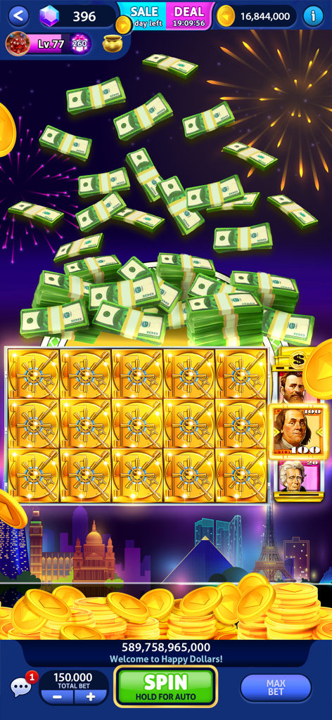 Cash Billionaire casino games - Pantalla de juego de tragamonedas móvil Cash Billionaire que muestra una gran victoria en la máquina Happy Dollars con dinero cayendo y monedas de oro