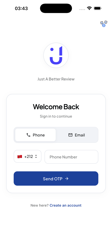 JABB Mobile - Login screen for the JABB Mobile mystery shopping app featuring phone and email sign in options