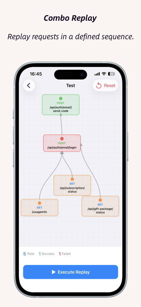 ApiCatcher - Capture HTTPS - ApiCatcher interface showing a flowchart for replaying API requests in a defined sequence.