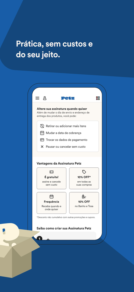 Petz: Tudo que seu pet precisa - A screenshot of the Petz mobile app displaying the features and benefits of their pet supply subscription service including discounts and flexible management.
