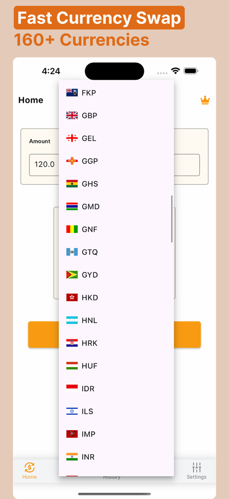 FlipRate App zeigt eine Liste von über 160 internationalen Währungen mit Flaggen und Codes an