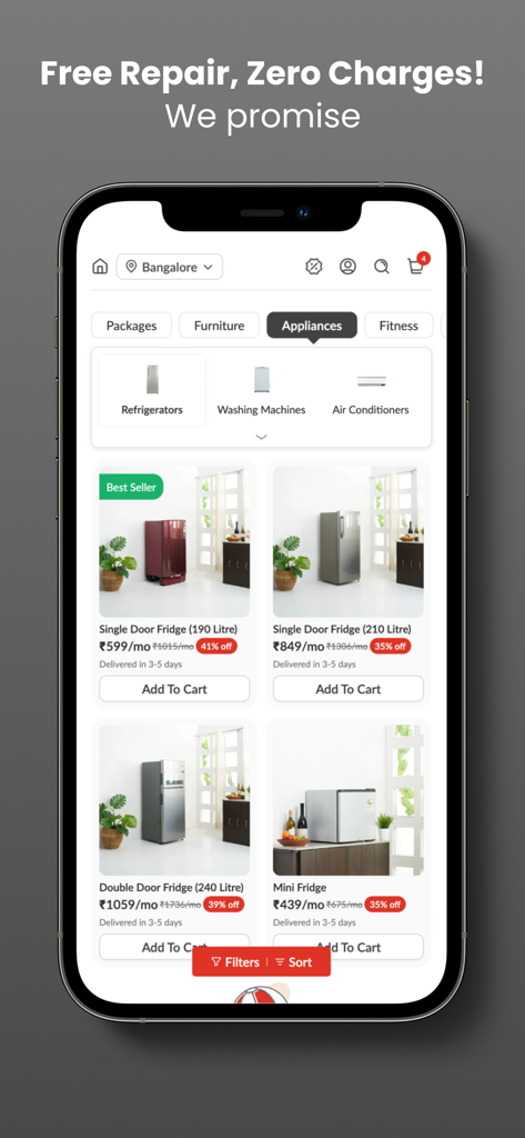 Rentomojoモバイルアプリ画面、月額レンタル可能な様々な冷蔵庫と無料修理保証を表示