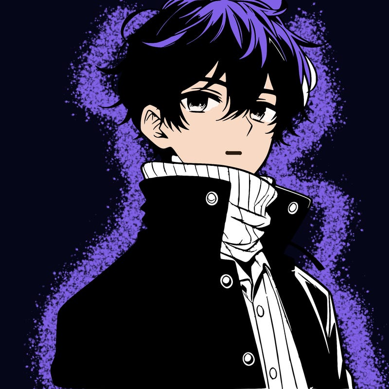 anime boy, black hair,button up jacket covering neck.