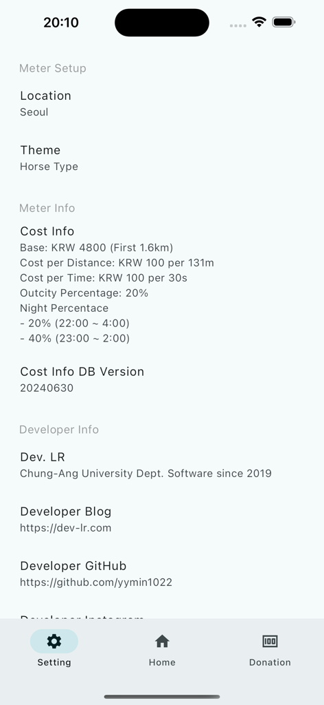 Taxi Meter for South Korea - 서울 요금, 추가 요금 및 개발자 정보가 표시된 대한민국 택시 미터기 앱의 설정 화면