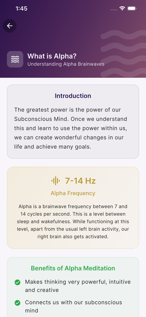 Alpha Mind Power - Interfaz de la aplicación Alpha Mind Power que muestra los beneficios y la explicación de la meditación con ondas cerebrales alfa