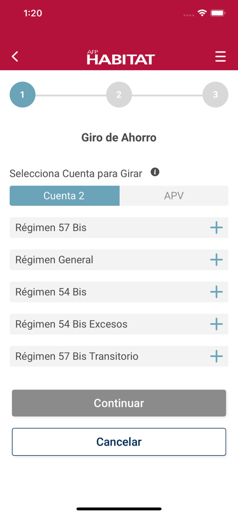 Interfaz de la aplicación AFP Habitat Chile que muestra el primer paso para seleccionar una cuenta de ahorros para retiro.