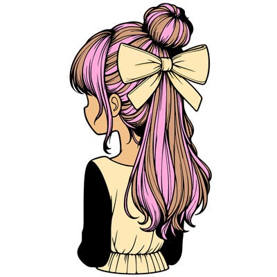 realistic girl  with hip length hair a bun and a big bow on the back of head