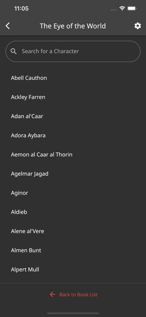WoT Compendium - Unofficial - A searchable list of characters from the book The Eye of the World within the WoT Compendium app interface.
